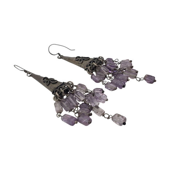 Vintage Silver Amethyst Earrings Chandelier Long Dangle Ethnic Tribal Movement - Picture 5 of 10
